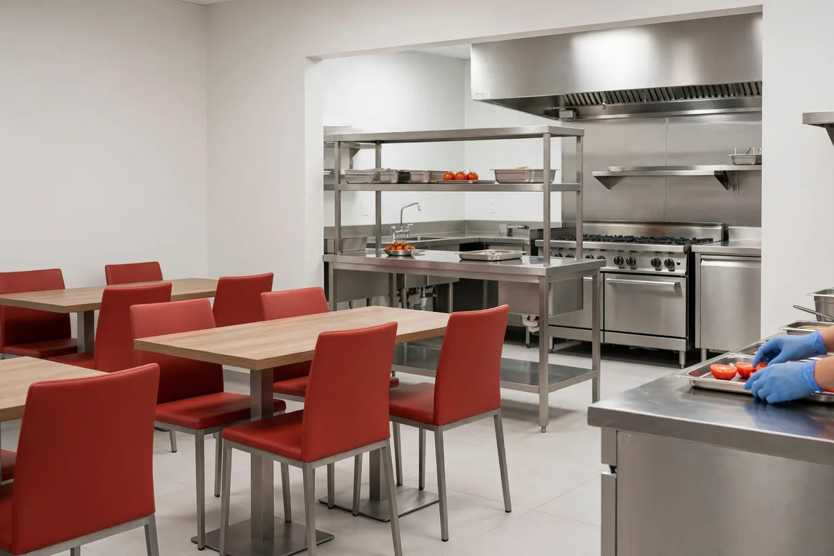 A restaurant dining room with red chairs in front of an open kitchen