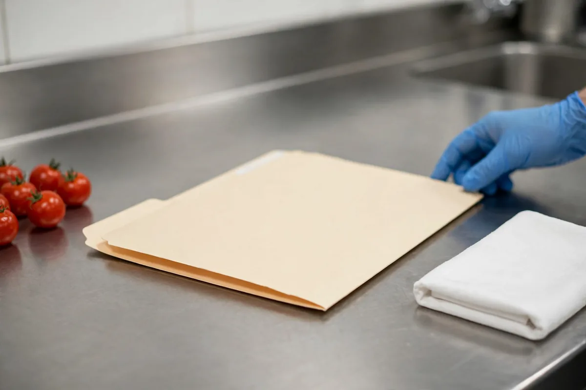 A plain folder on a steel counter