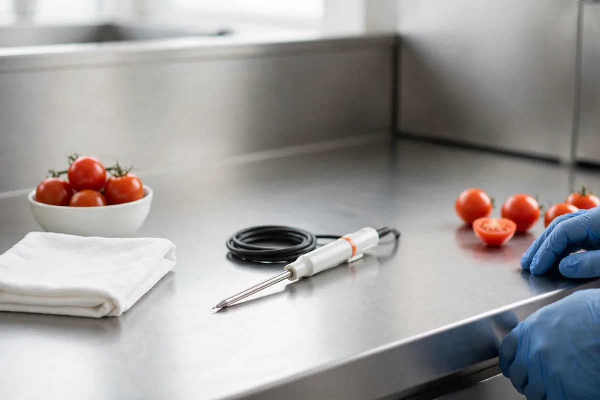 A probe thermometer on a counter