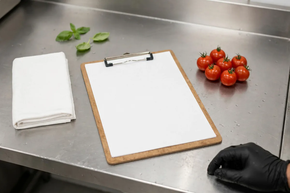 A clipboard on a steel counter
