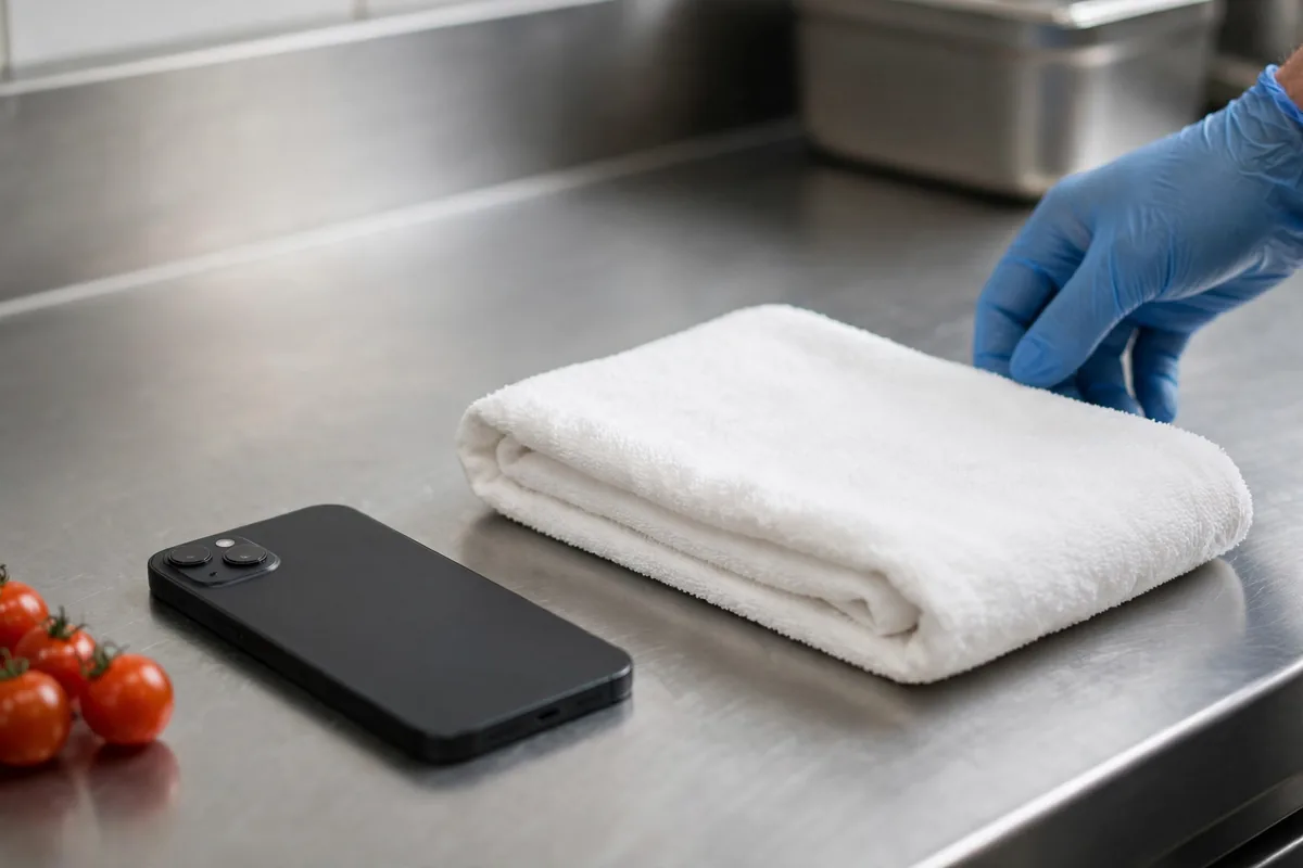 A phone beside a clean towel