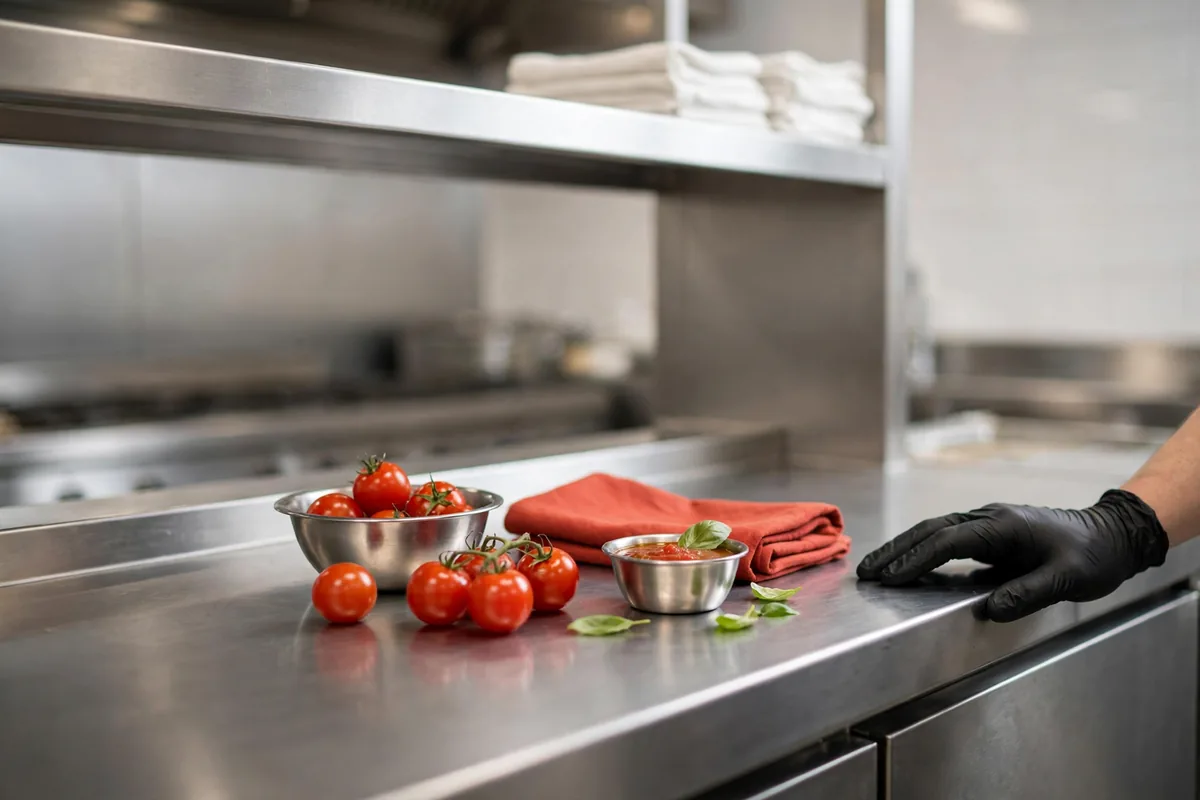 Bowls with tomatoes on a steel kitchen counter