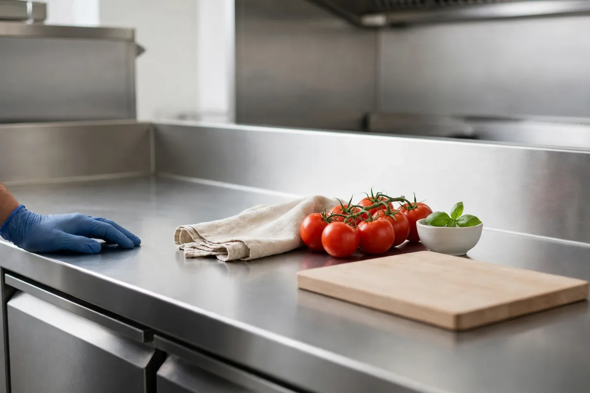 A wooden board and tomatoes on a steel counter