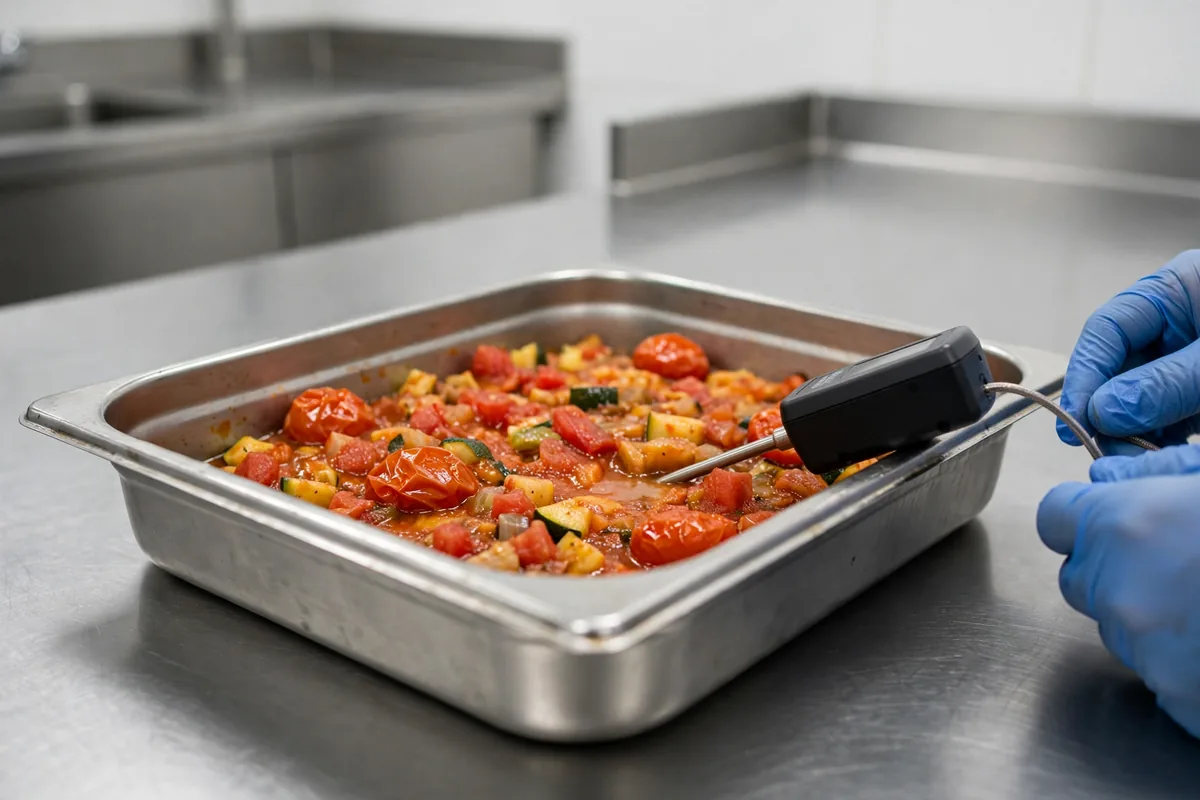 A gloved hand probing a tray of vegetables with a thermometer