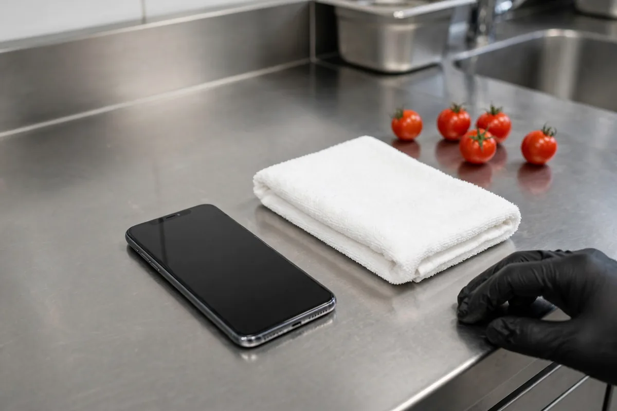 A phone on a steel counter